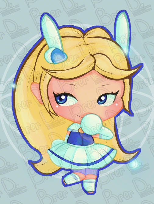 A chibi-style blonde girl with blue bunny ears, a blue and white dress, and blue shoes stands with a shy expression, one hand touching her mouth, on a light blue background.