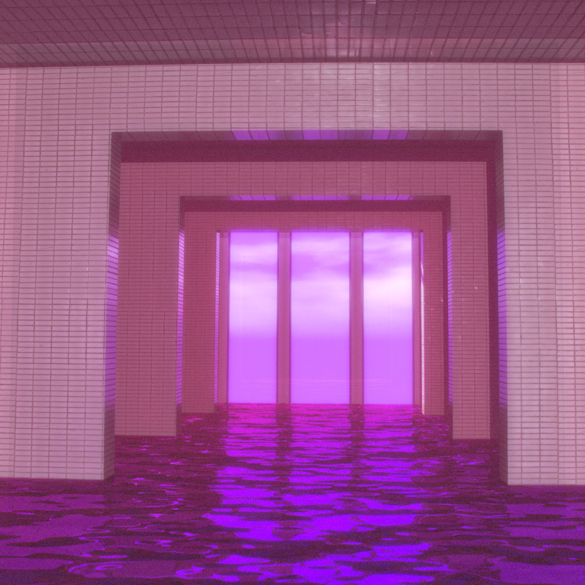 A corridor with tiled walls and ceiling, bathed in pink and purple light, leads to large windows revealing a cloudy sky. The floor is covered by reflective water, creating a surreal, dreamy atmosphere.