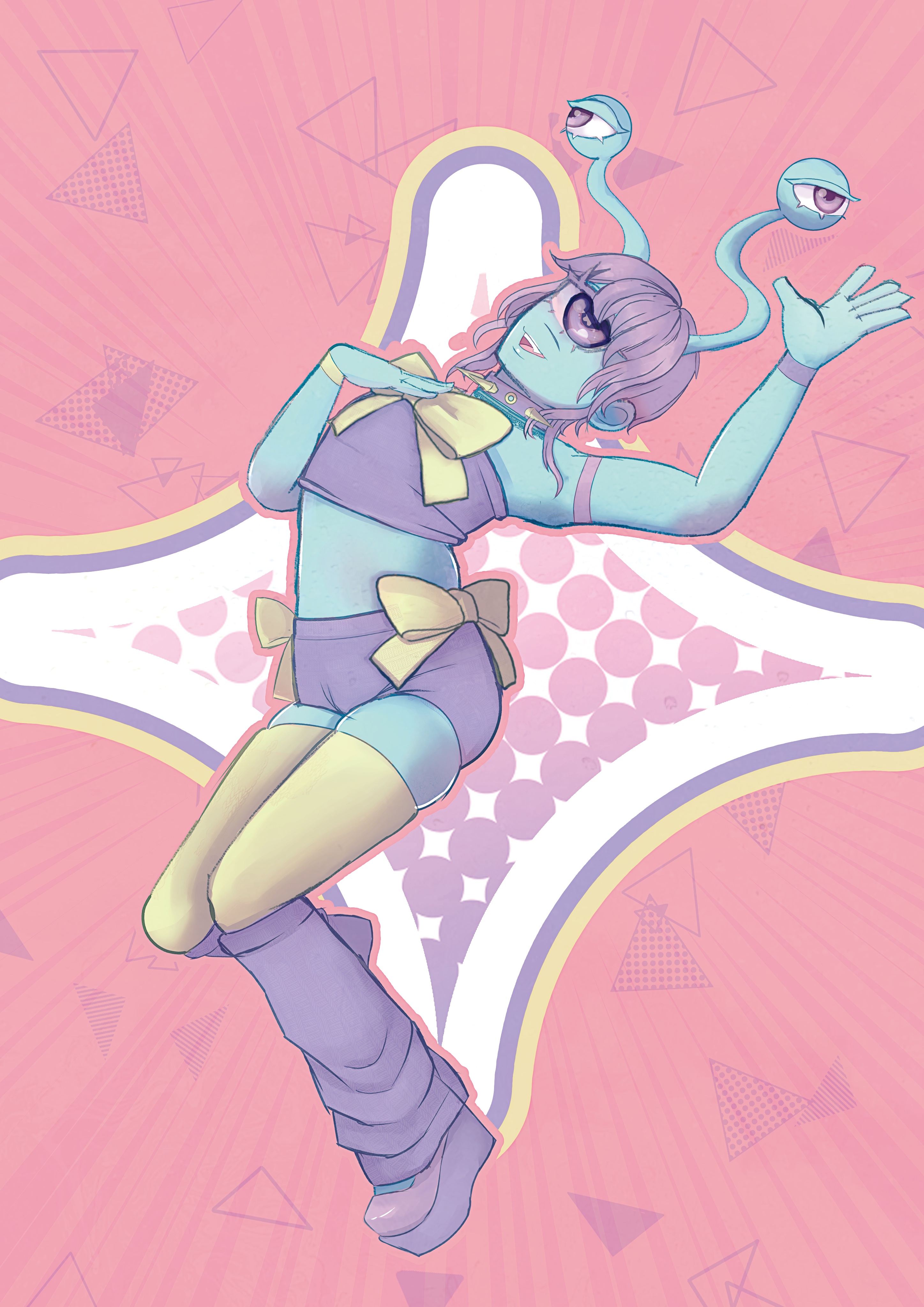 A stylized illustration of a pastel mint-colored feminine alien boy with two eye stalks, purple hair, and a pastel purple outfit with yellow bows. He poses dynamically on a pink geometric background with white starburst accents.