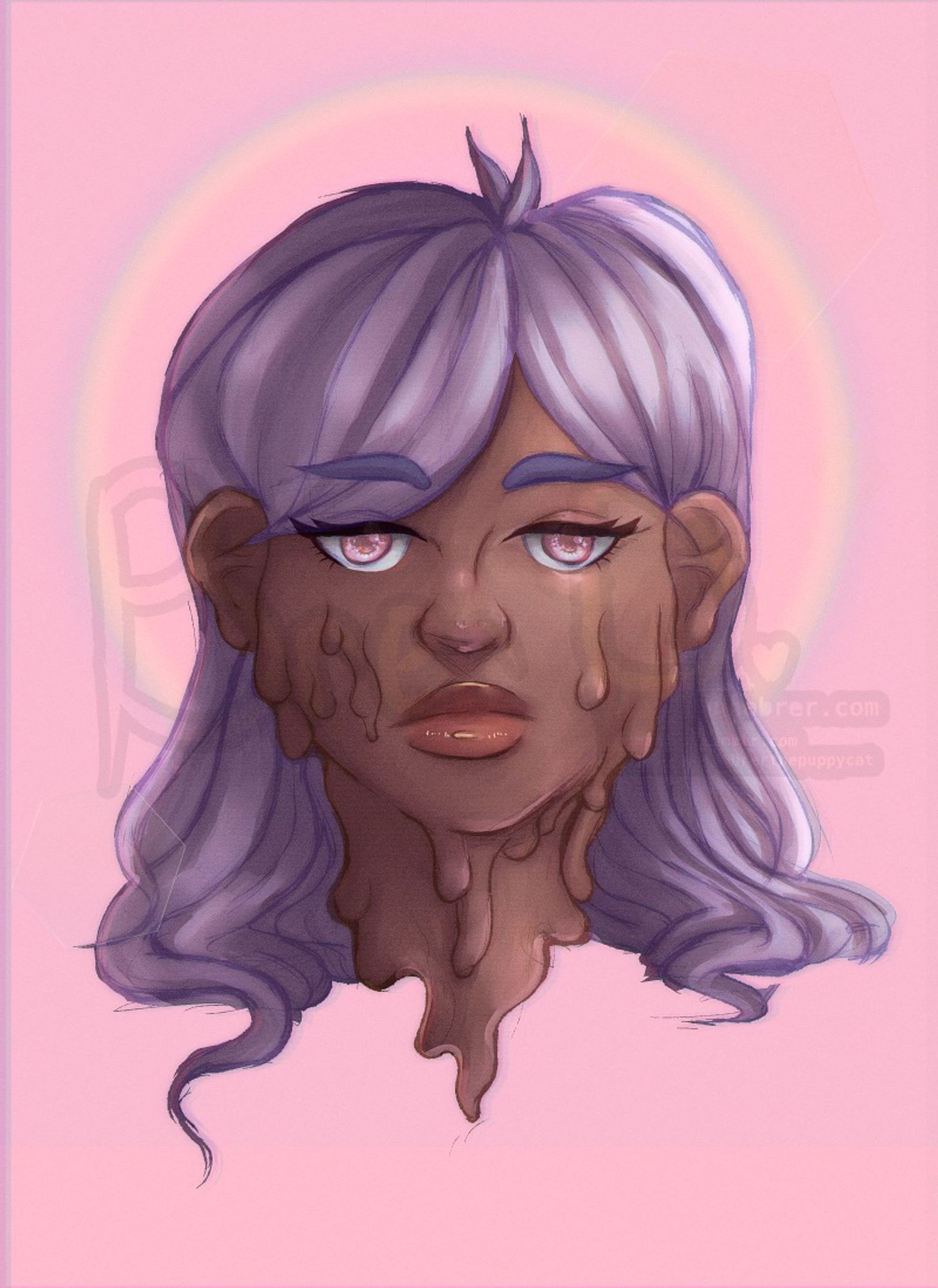 Artistic depiction of a melting black woman with purple wavy hair, set against a vivid rainbow backdrop and pink background.