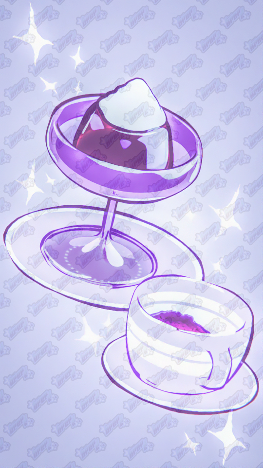 Illustration of a coffee jelly in a glass dessert dish with a scoop of whipped cream on top and a cup of tea or coffee, both on saucers, against a light purple, sparkly background.