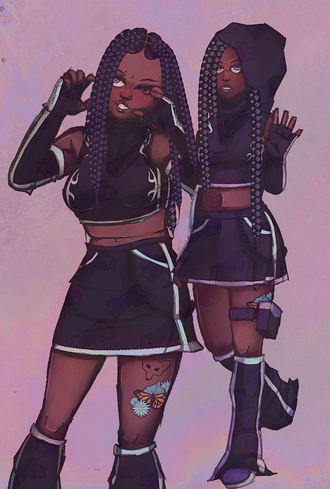 Two drawings of the same stylish girl with dark skin and long braided hair. One wears a crop top and skirt, giving a playful peace sign; the other stands in front in a hooded outfit. Both wear black clothing with white accents and boots.
