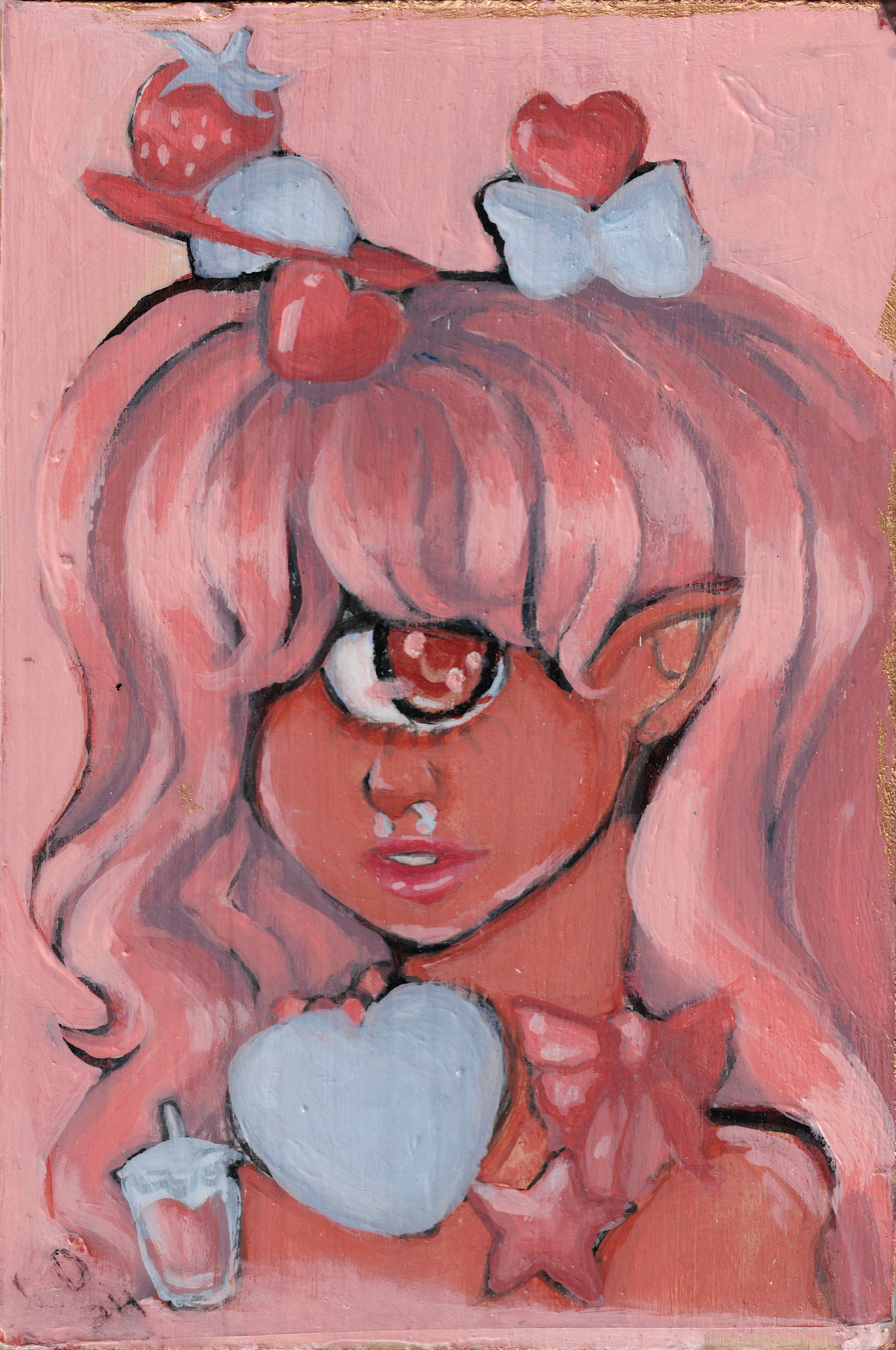 A painted portrait of a pink-skinned, one-eyed character with long wavy hair. She has heart and strawberry decorations, blue bows, and wears a heart-shaped accessory at her chest. The background is pink.