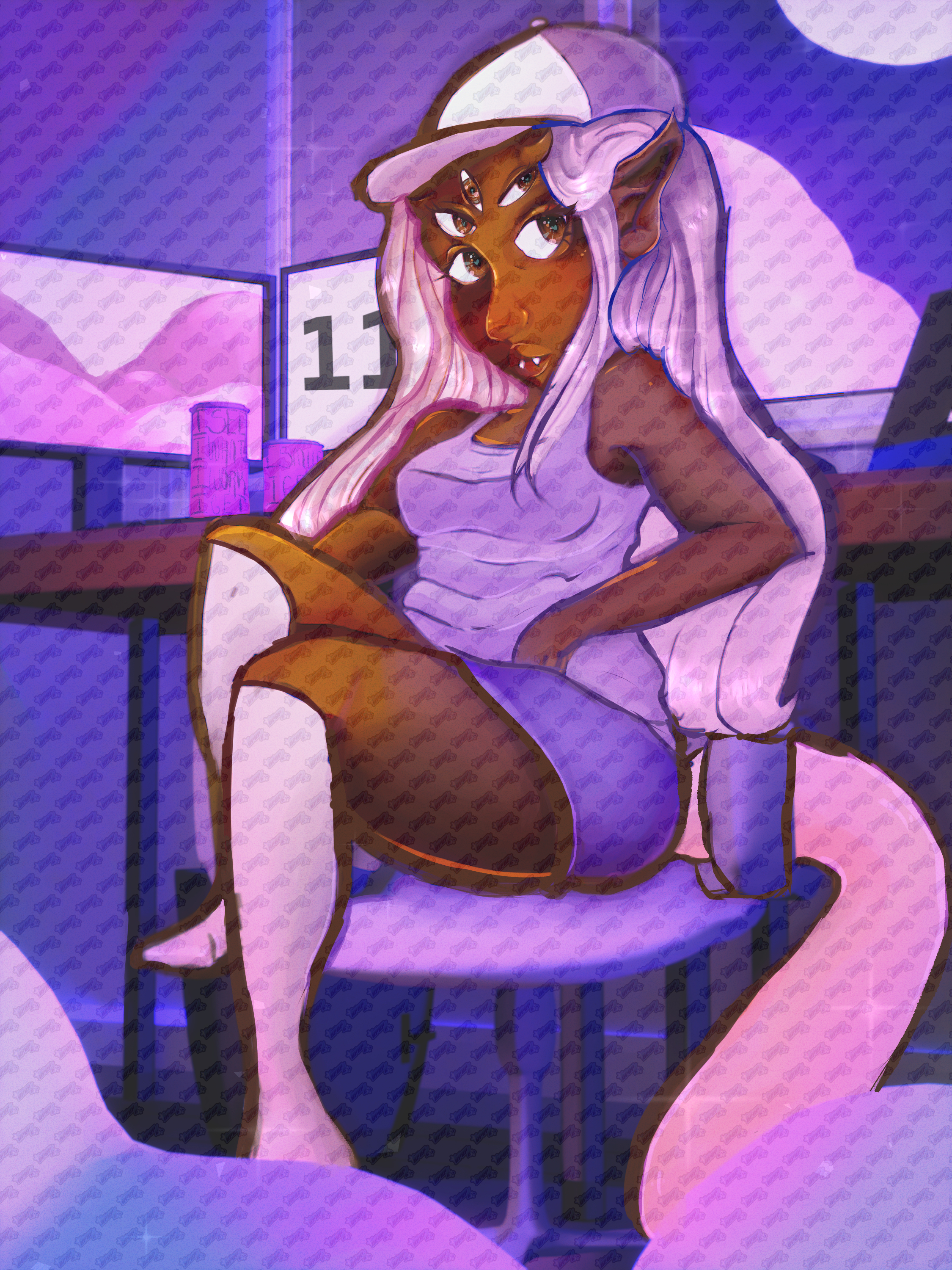 An illustrator of a digital artist with dark skin, five eyes, purple hair, and pointed ears sits sideways on an office chair. They wear a tank top, shorts, and a cap, with a glowing computer setup and purple lighting in the background.