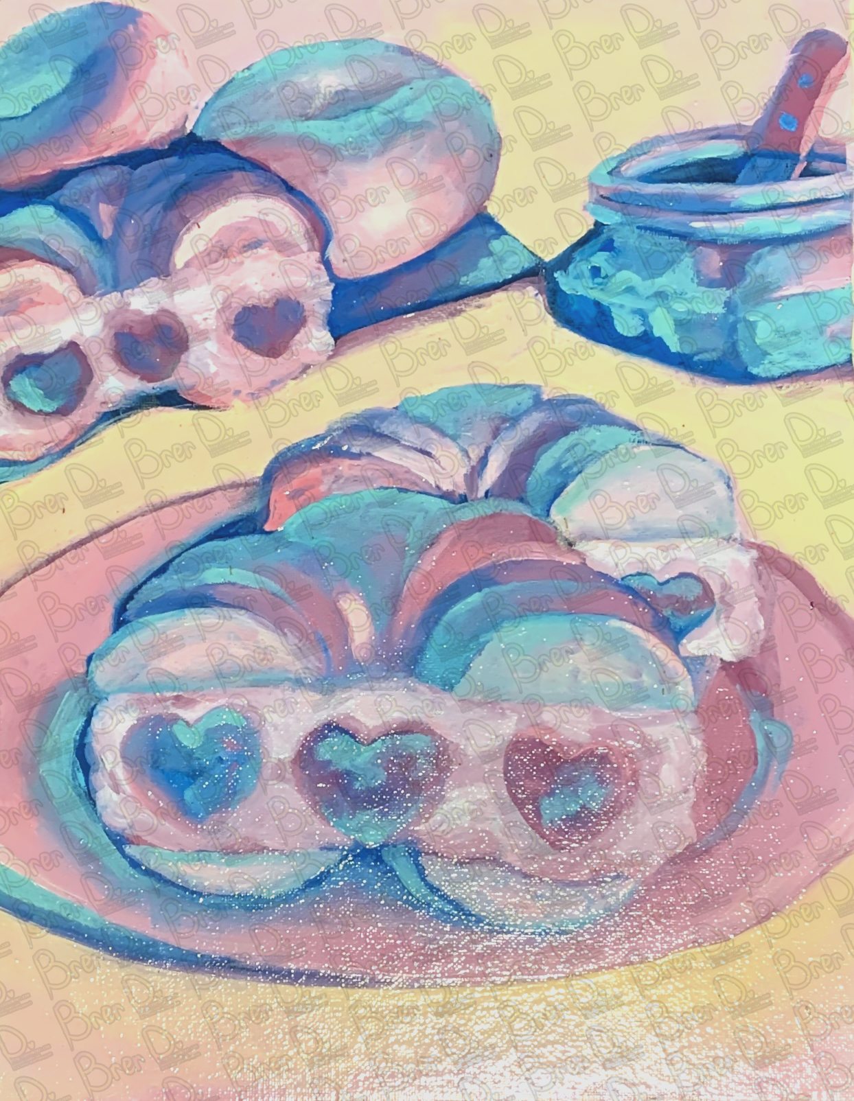 A pastel-colored painting of a bagel with heart shapes inside, sliced on a pink plate, with a jar of jam and a knife in the background on a yellow surface.