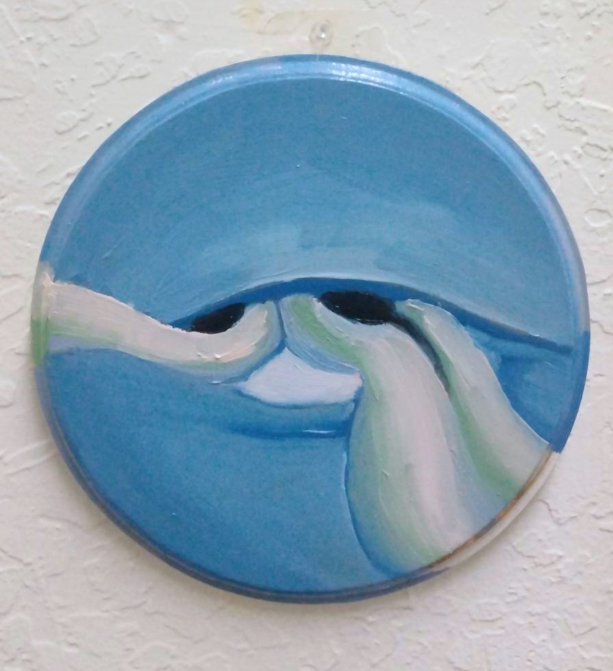 A pastel-colored painting of a bagel with heart shapes inside, sliced on a pink plate, with a jar of jam and a knife in the background on a yellow surface.