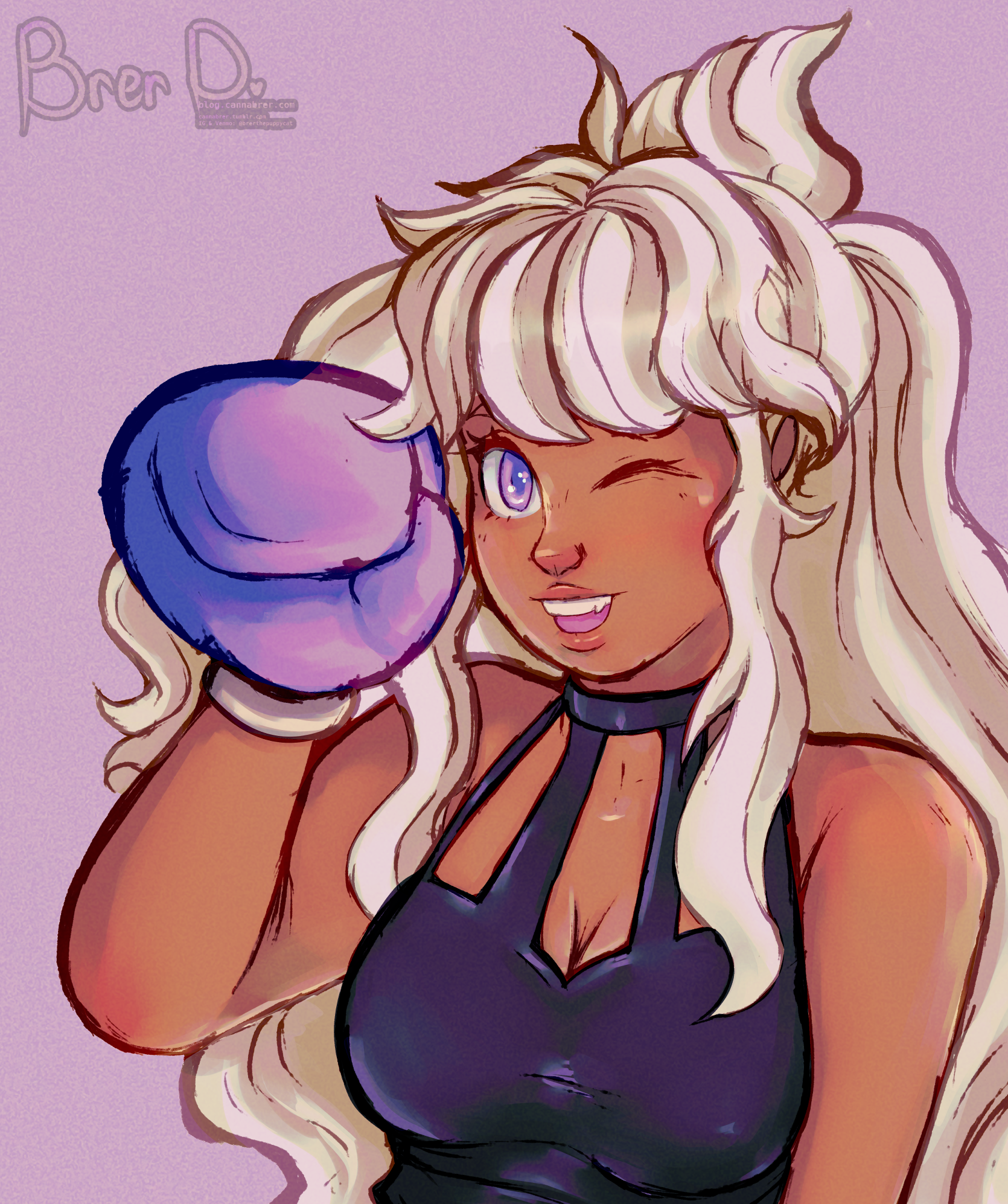 A smiling woman with long, wavy blonde hair in a ponytail winks while raising a gloved fist. She wears a sleeveless black top with a cutout neckline against a pink background.