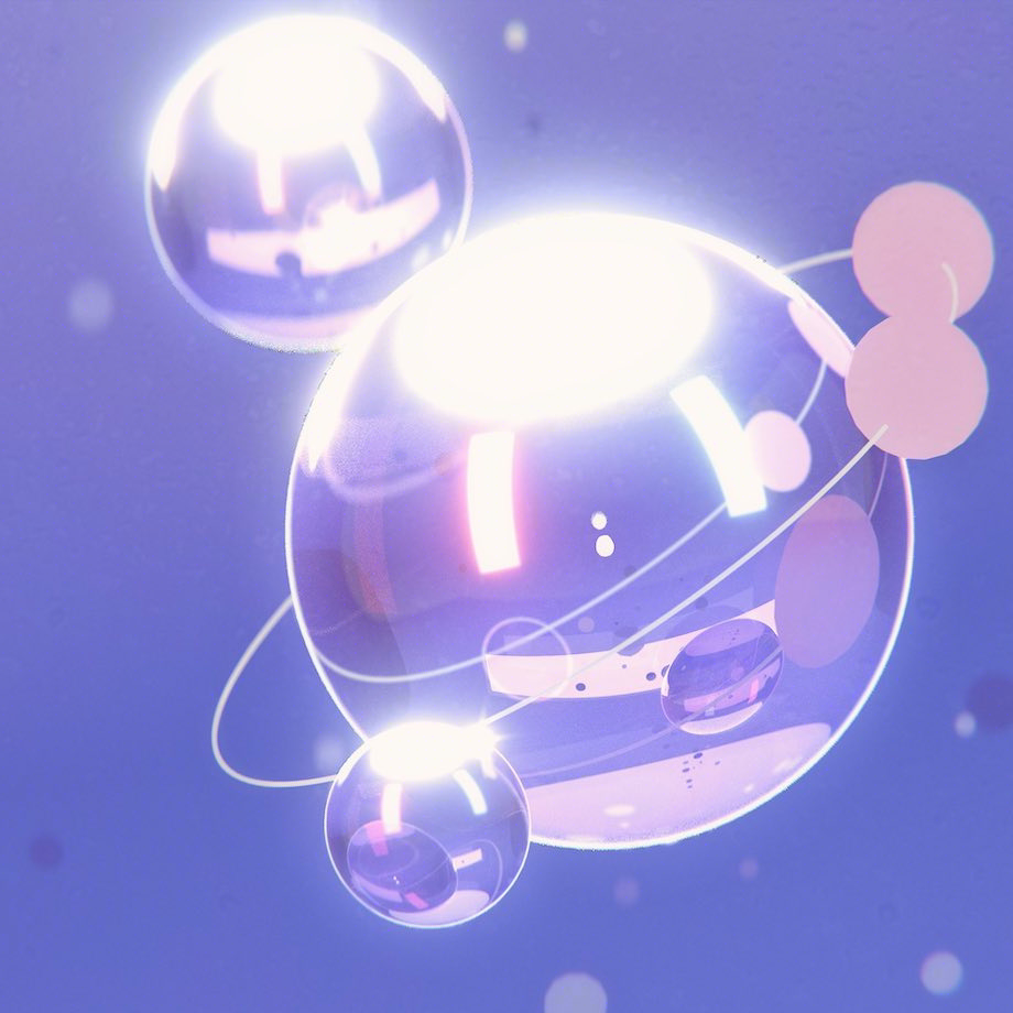 A digital illustration of shiny, translucent spheres with glowing reflections and white rings orbiting around them, set against a soft purple background. The spheres appear to float and interact in a dreamy, abstract style.