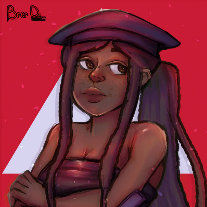 Digital illustration of a young femme person with long hair in braids, wearing a black beret and a strapless top, standing with crossed arms against a red background with a white triangle.