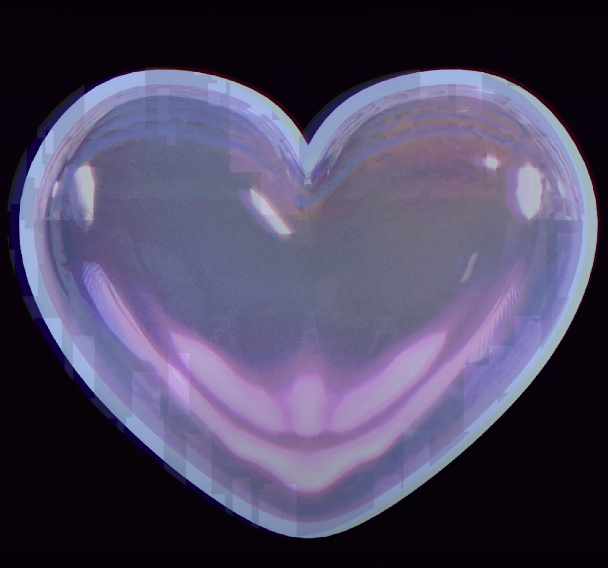 A crystal heart with an iridescent finish against a black background.