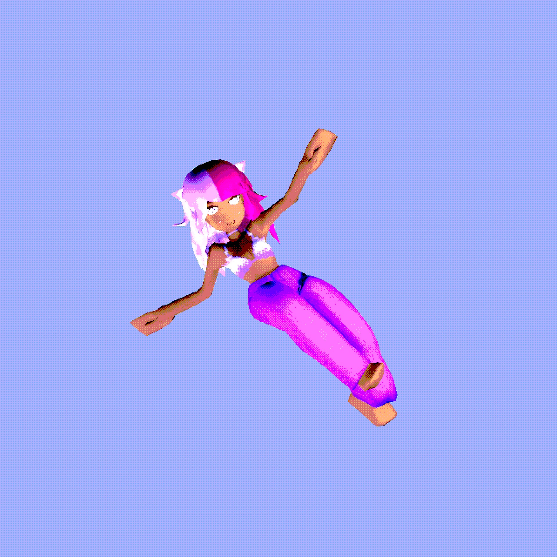 A person with lavender and violet long har and dog ears floating in a light blue void.